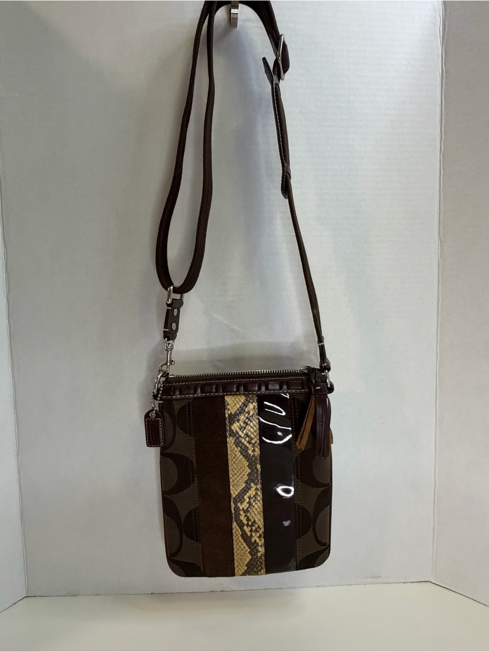 Coach Brown Mixed-Texture Crossbody with Snake-Print Accent